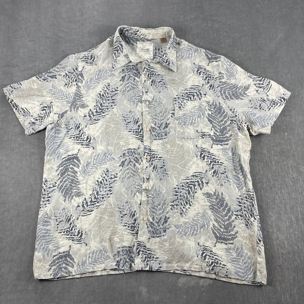 Tasso Elba Island Men XXL Gray Short Sleeve Button Down Silk Linen Leaf Shirt